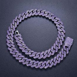 15mm Iced Cuban Link Prong Chain 2 Row Purple CZ Diamond Cubic Zirconia Hiphop Jewellery 16inch-24inch Choker Necklace263r