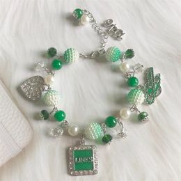 Link Chain Hand Made Greek Sorority Green White Pearl Diy Links Inc Roes Heart 1946 Charm Bracelet Lady Fashion Jewelry2426