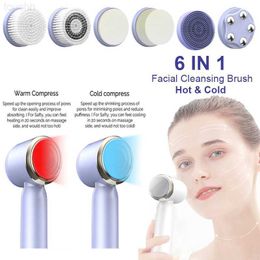 Electric Face Scrubbers New 6 In 1 Hot Cool Electric Face Cleansing Brush Deep Pore Cleaner LCD Display Vibration Face Lifting Skin Firming Massage L230920