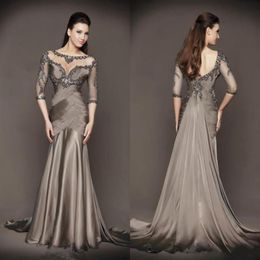 Designer Grey Mermaid Mother of The Bride Dresses 3 4 Long Sleeve Lace Appliqued Beads Pleats Wedding Guest Dresses245Z