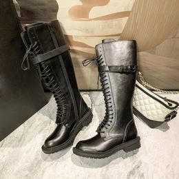 2023 Women Boots Fashion new Knee Boot Designer Luxury brand High Quality Flat Lace up Shoes Zipper Opening Motorcycle Boots Round Toes size 35-40