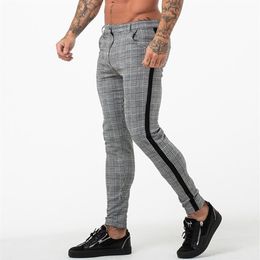 E-BAIHUI Mens Chinos Trousers Grey Plaid Chinos Skinny Pants for Men Side Stripe Stretchy Suitable Fitting Athletic Body Building 254S