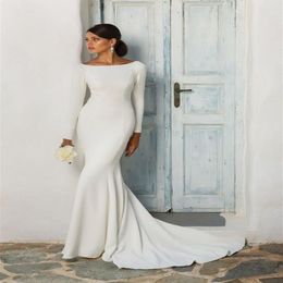 Stretch Crepe Mermaid Modest Wedding Dresses With Long Sleeves Boat Neck Covered Back Women Informal Modest Sleeved Reception Gown268G