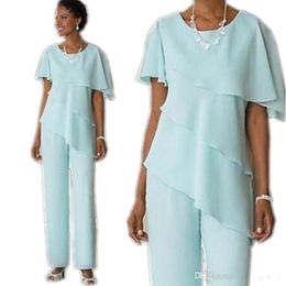 Vintage Mother of the Bride Pant Suits Simple Design Sky Blue Long Chiffon Trousers Plus Size Mothers Gowns268o