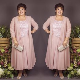 2 Piece Ankle Length Mother Of The Bride Dresses Suits With Long Jacket Plus Size Chiffon Lace Wedding Guest Dress Groom Mother Pa2990