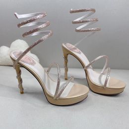 Fashion Rene Caovilla Sandals Waterproof Platform Heel Women Rhinestone Decoration Snake Wrapped Ankle Strap Leather Open Toe Classic Designer Wedding Shoes