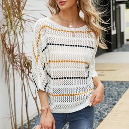 Women's Sweaters Women Hollow-Out Knit Sweater Casual Striped Lightweight Pullover Trendy Crewneck 3/4 Long Sleeve Jumper Tops For Ladies