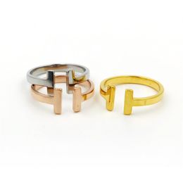 New arrive 316L Stainless Steel fashion double T ring Jewellery for woman man lover rings 18K Gold-color rose Jewellery Bijoux no have211n