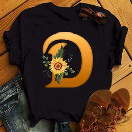 Short Sleeve Women's T Shirt Custom Name Letter Combination Print T shirt Sunflower Letter Font A B C D E F G Ladies Tops