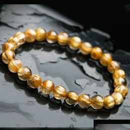 Charm Bracelets Natural Gold Rutilated Quartz Crystal Bracelet Woman Man Wealthy Titanium Round Beads 7Mm 8Mm 9Mm From Brazi Dhgarden Dhoqz