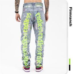 Firmranch Back Letter Embroidery Jeans For Men Ins Street Broken Hole Homme Loose Endless Denim Pants Moto Trouse291Z