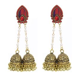 Indian Style Gold Jhumki Jhumka Earrings with Double Bells Beads Imitation Pearl Tassel Dangle Earrings for Woman Charm Jewelry280C