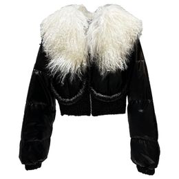 Women's lamb fur collar warm cotton padded glossy fabric short high waist parka coat
