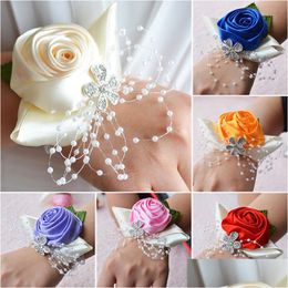 Decorative Flowers Wreaths Rose Pearl Wrist Cor Bridesmaid Hand Artificial Bride For Party Decoration Bridal Prom S6076 Drop Delivery Dh83D