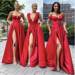 Sexy High Slit Red Bridesmaid Dresses Square Collar Spaghetti Strap Pocket A Line 2021 Women Long Wedding Party Dress Vestidos255W