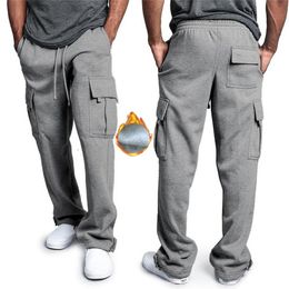 2019 Multi Pocket Winter Pants Men White Cargo Pants Fleece Hip Hop Grey Sweatpants Male Causal Tactical Pants Homme Trousers CJ19240t