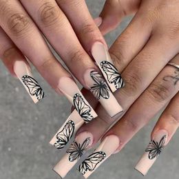 False Nails Ballet Fake Nail Extension Black Butterflies Print Press On Long Full Cover For Women