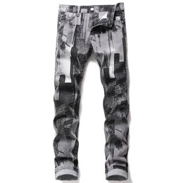 Mens Fashion Abstract Art Stretch Slim Straight Jeans Teenagers Digital 3D Printed Gray Black Jeans Denim Pants241J