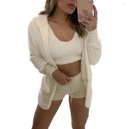 Women's Sleepwear Sexy Women Lingerie Set Fleece Fluffy Fur Coat Hight Cut Top Short Pants 3Pcs Keep Warm Pyjamas Solid Elastic Lounge Wear