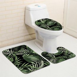 Tropical Plant Leaf Green Style Bathroom Decorative 3 Piece Set Non Slip Mat Toilet Seat Cover Elegant Stylish Bath Accessories 21311I