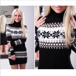 New design european fashion women's turtleneck long sleeve snowflake print knitted bodycon slim waist sweater dress plus size321x