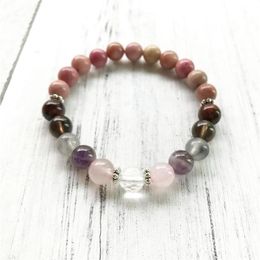 Relief Stress & Anxiety Bracelet 7 Crystals Healing Wrist Mala Beads For Daily Gratitude Rhodonite Beaded Strands207P