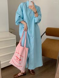 Casual Dresses Korean Style Striped Long Shirt For Women 2023 Chic Back Hollow Out Single Breasted Loose Full Sleeve Dress