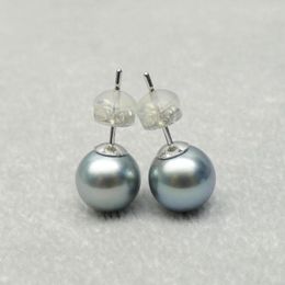 Stud Earrings 9-10MM Round Real Tahitian Cultured Gray Pearl 18K White Gold #0207