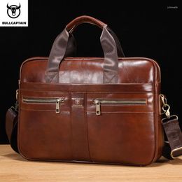 Briefcases BULLCAPTAIN Briefcase Shoulder Messenger Bags Men's Genuine Leather 14-inch Laptop Bag's Office Business Handbag