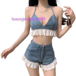 PERHAPS U Summer Beach Sweet Sexy Two-Piece Set V-Neck Lace Up Lace Denim Camisole Tops Frayed Jeans Shorts T3037 210529