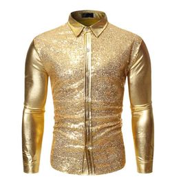 Shiny Gold Patchwork Sequins Shirt Men 2020 Brand Slim Fit Long Sleeve Mens Dress Shirts DJ Club Party Stage Prom Chemise Homme292m