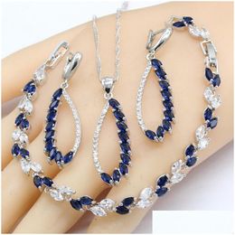 Earrings Necklace 925 Sier Jewellery Sets For Women Party Blue Sapphire Bracelet Rings Pendant Gift Box Drop Delivery Dhgarden Dhvc6