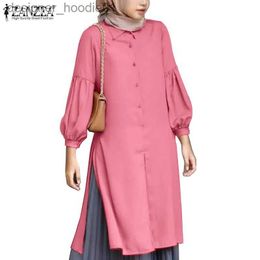 Basic Casual Dresses ZANZEA Women Muslim Lantern Sleeve Nine-Quarter Sleeve Full Open Side Split Shirts L230916