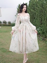 Casual Dresses Spring Summer Women Midi Blossom Feminine Dress French Style Romantic Floral Print Elegant Chic Fairy Lady