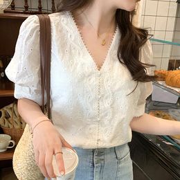 Women's Blouses Korean Fashion Lace Blouse Summer V-neck Women Puff Short Sleeve Top White Cotton Shirt Sweet Elegant Hollow Out Clothes