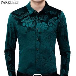 Mens Green Velvet Floral Dress Shirts 2020 Brand New Slim Fit Long Sleeve Velour Shirt Men Casual Button Down Shirt Male Camisas283r