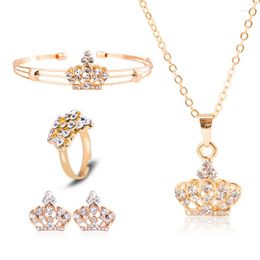 Necklace Earrings Set 4PCs Luxury Gold Colour Crown For Women Wedding Jewellery Crystal Necklace/Earring/Bracelet/Ring Woman