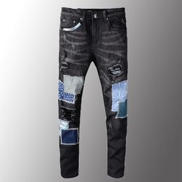 Minglu Mens Jeans Luxury Men's Black Patchwork Ripped Jeans Streetwear Patch Design Stretch Denim Pants Slim Skinny Trousers258a