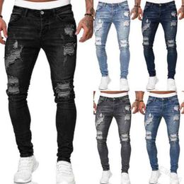 Men's Hole Ripped Skinny Jeans Men's Fashion Coloured Drawing Wrinkle Jimpness Pencil Pants Motor Biker Hip Hop Deni Casu270L