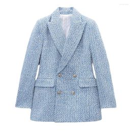 Women's Suits Blue Textured Double Breasted Tweed Blazer Women Fashion Elegant Long Sleeve Top Loose Shawl Collar 2023 Collection
