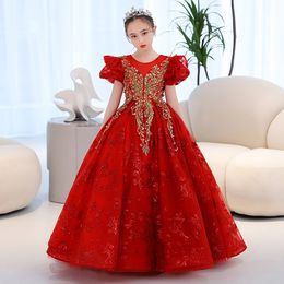 Red Gold Sequined Flower Girl Dresses For Weddings Pearls Crystal Elegant Lace Shiny Gown Backless Short Sleeves Girls Pageant Dress Kids Frist Communion Gowns