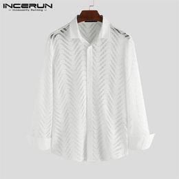 Fashion Lace Shirt Men Sexy Breathable See Through Nightclub Party Dress Shirts Men Button Mesh Long Sleeve Blouse S-5XL INCERUN307e