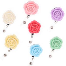 20pcs lot Key Rings Multicolor Resin Rose Flower Shape Retractable Badge Reel Holder With Alligator Clip For Decoration287Q