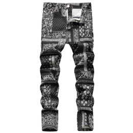 Men's Jeans Men Paisley Bandanna Printed Fashion 3D Digital Painted Stretch Denim Pants Slim Straight Black Trousers2365