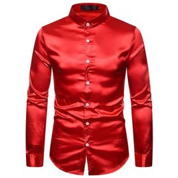 Men's Casual Shirts Red Silk Satin Dress Shirt Men 2021 Spring Autumn Long Sleeve Mens Wedding Button Down Business219I