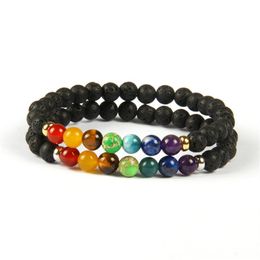 New Design 7 Chakra Healing Stone Yoga Meditation Bracelet 6mm Lava Rock Stone Beads With Mix Colours Stone Bracelets For Gift296r