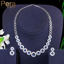 Earrings & Necklace Pera Exclusive Design Royal Blue Cubic Zirconia Round Circle Link Choker Women Wedding Party Jewellery Set For B2845