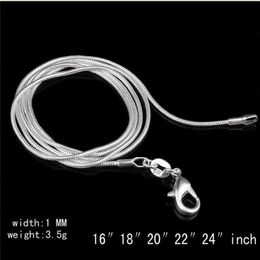 NEW Big Promotions 100 pcs 925 Sterling Silver Smooth Snake Chain Necklace Lobster Clasps Chain Jewellery Size 1mm 16inch --- 24inch3023