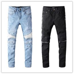 new arrival mens designer jeans zipper fold patch medal fashion mens jeans slim motorcycle biker hip hop pants top quality size 28343S