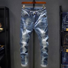 Mens Jeans Ripped Men Slim Fit Light Blue Stretch Fashion Streetwear Frayed Hip Hop Distressed Casual Denim Pants Male Trousers 230915